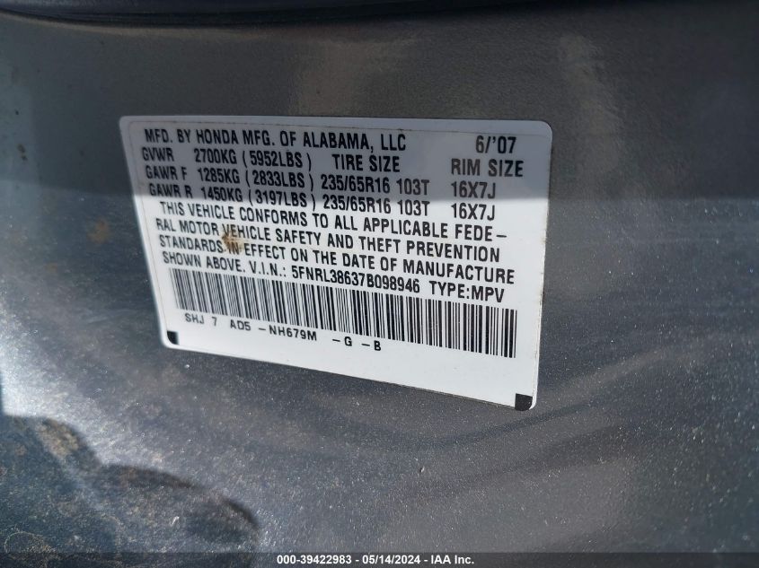 2007 Honda Odyssey Ex-L VIN: 5FNRL38637B098946 Lot: 39422983