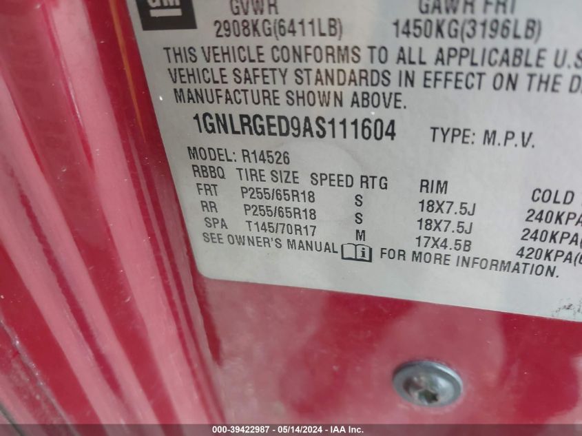 2010 Chevrolet Traverse Lt VIN: 1GNLRGED9AS111604 Lot: 39422987