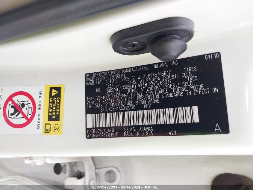 2010 Toyota Highlander Se V6 VIN: 5TDJK3EH1AS012736 Lot: 39422991