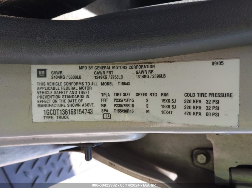 2006 Chevrolet Colorado Lt VIN: 1GCDT136168154743 Lot: 39422992