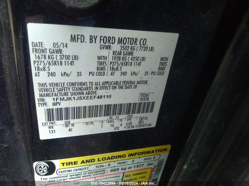 2014 Ford Expedition El Xlt VIN: 1FMJK1J5XEEF48110 Lot: 39422994