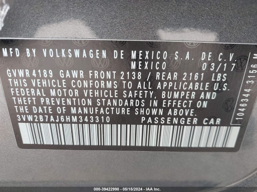 2017 Volkswagen Jetta 1.4T S VIN: 3VW2B7AJ6HM343310 Lot: 39422998
