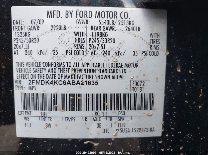 2010 Ford Edge Limited VIN: 2FMDK4KC6ABA21635 Lot: 39422999