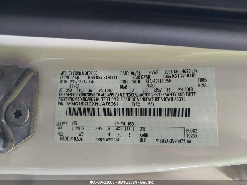 2017 Ford Escape Se VIN: 1FMCU0GDXHUA76061 Lot: 39423009