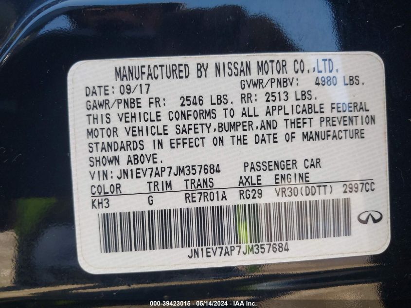 2018 Infiniti Q50 3.0T Luxe VIN: JN1EV7AP7JM357684 Lot: 39423015