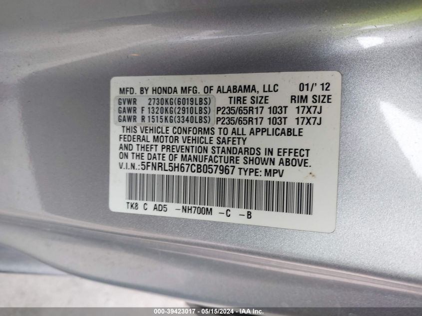 2012 Honda Odyssey Ex-L VIN: 5FNRL5H67CB057967 Lot: 39423017