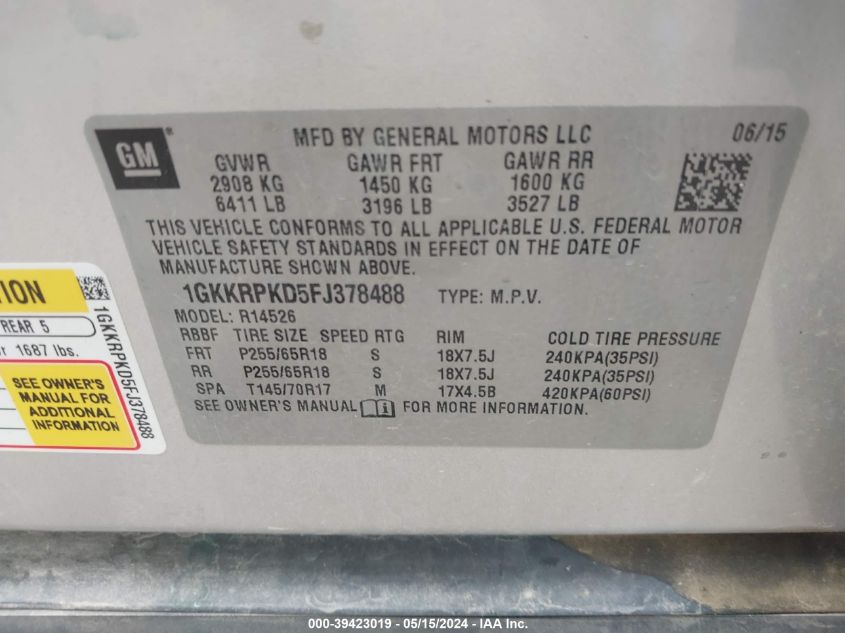 2015 GMC Acadia Sle-2 VIN: 1GKKRPKD5FJ378488 Lot: 39423019