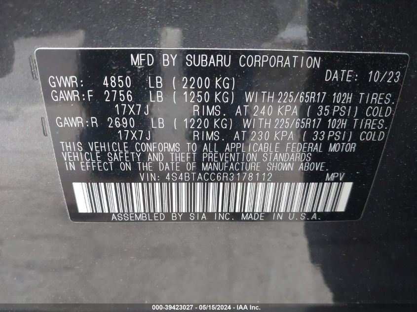 2024 Subaru Outback Premium VIN: 4S4BTACC6R3178112 Lot: 39423027