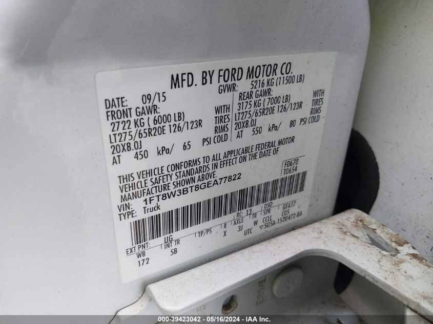 2016 Ford F-350 Lariat VIN: 1FT8W3BT8GEA77822 Lot: 39423042