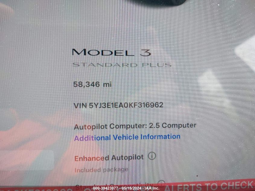 2019 Tesla Model 3 Long Range/Mid Range/Standard Range/Standard Range Plus VIN: 5YJ3E1EA0KF316962 Lot: 39423077