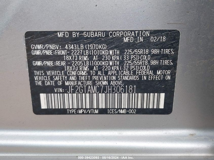 2018 Subaru Crosstrek Limited VIN: JF2GTAMC7JH306181 Lot: 39423093
