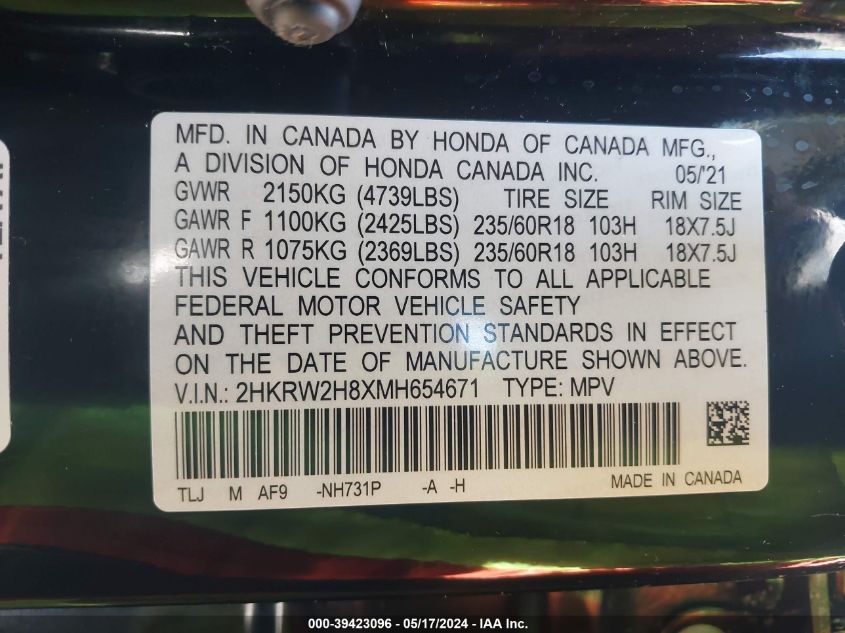 2021 Honda Cr-V Awd Ex-L VIN: 2HKRW2H8XMH654671 Lot: 39423096