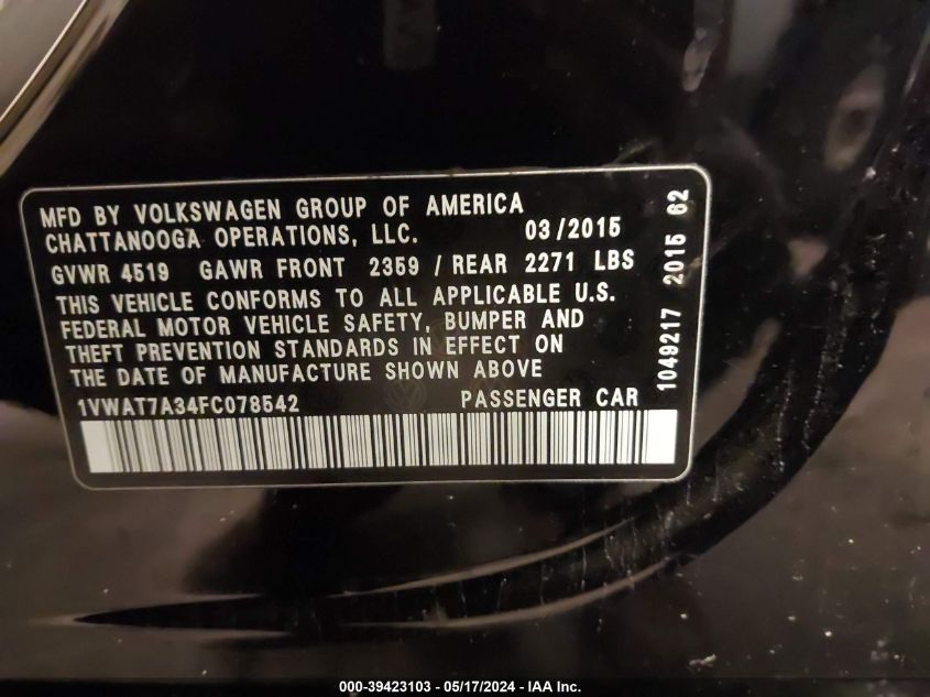 2015 VOLKSWAGEN PASSAT 1.8T LIMITED EDITION - 1VWAT7A34FC078542