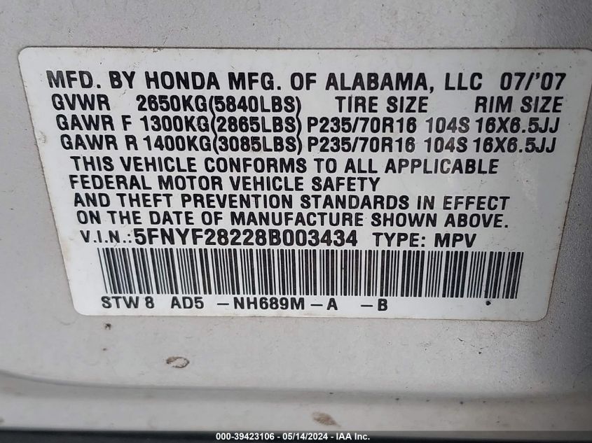 2008 Honda Pilot Vp VIN: 5FNYF28228B003434 Lot: 39423106