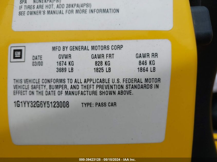 2000 Chevrolet Corvette VIN: 1G1YY32G6Y5123008 Lot: 39423128