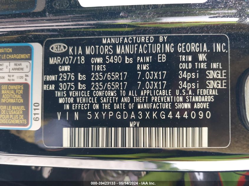 2019 Kia Sorento 2.4L Lx VIN: 5XYPGDA3XKG444090 Lot: 39423133