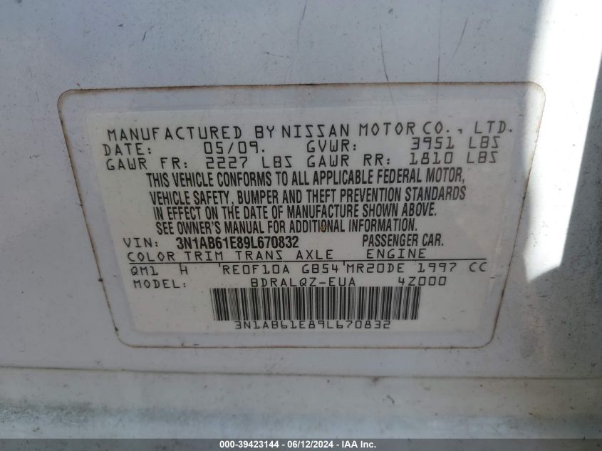 2009 Nissan Sentra 2.0 VIN: 3N1AB61E89L670832 Lot: 39423144