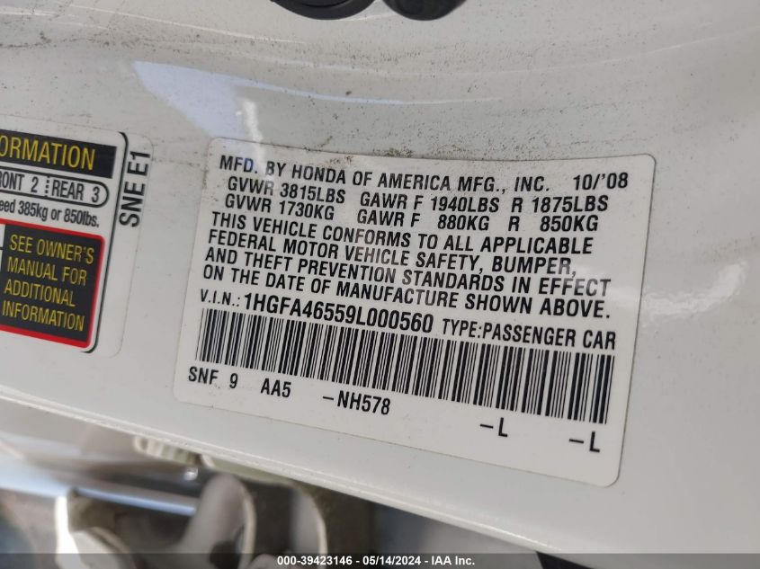 2009 Honda Civic Gx VIN: 1HGFA46559L000560 Lot: 39423146