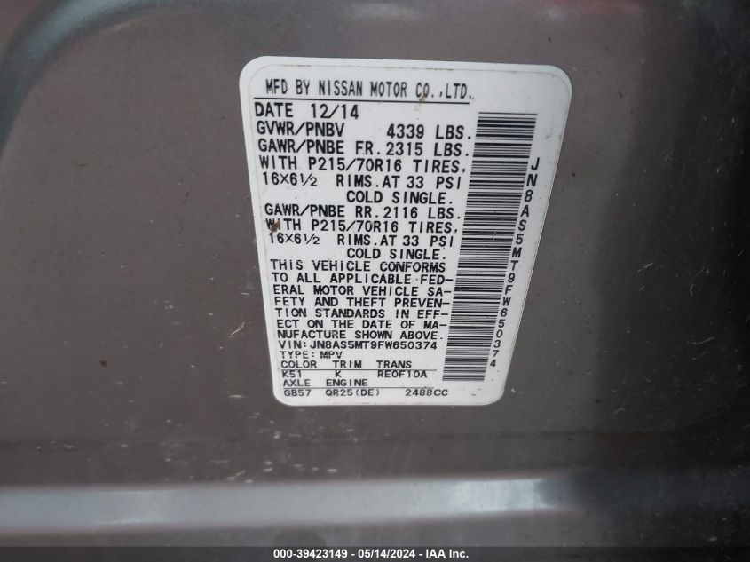 2015 Nissan Rogue Select S VIN: JN8AS5MT9FW650374 Lot: 39423149