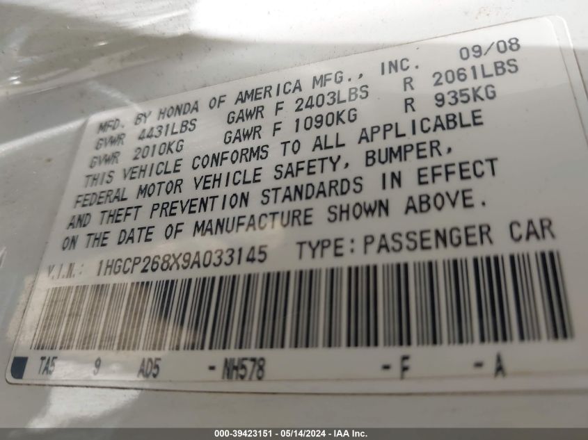 2009 Honda Accord 2.4 Ex-L VIN: 1HGCP268X9A033145 Lot: 39423151
