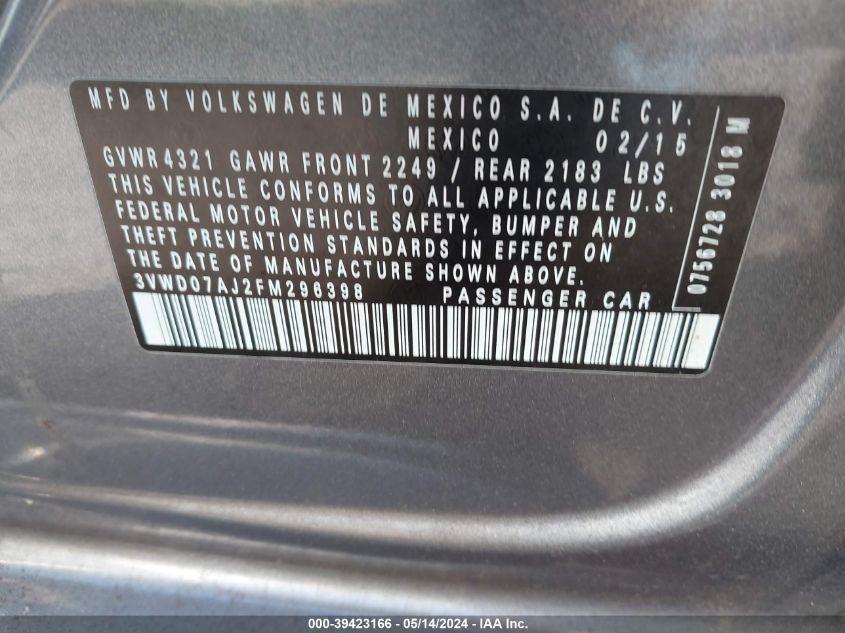 2015 Volkswagen Jetta Se VIN: 3VWD07AJ2FM296398 Lot: 39423166