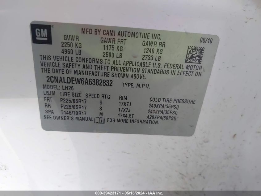 2010 Chevrolet Equinox Lt VIN: 2CNALDEW6A6382832 Lot: 39423171