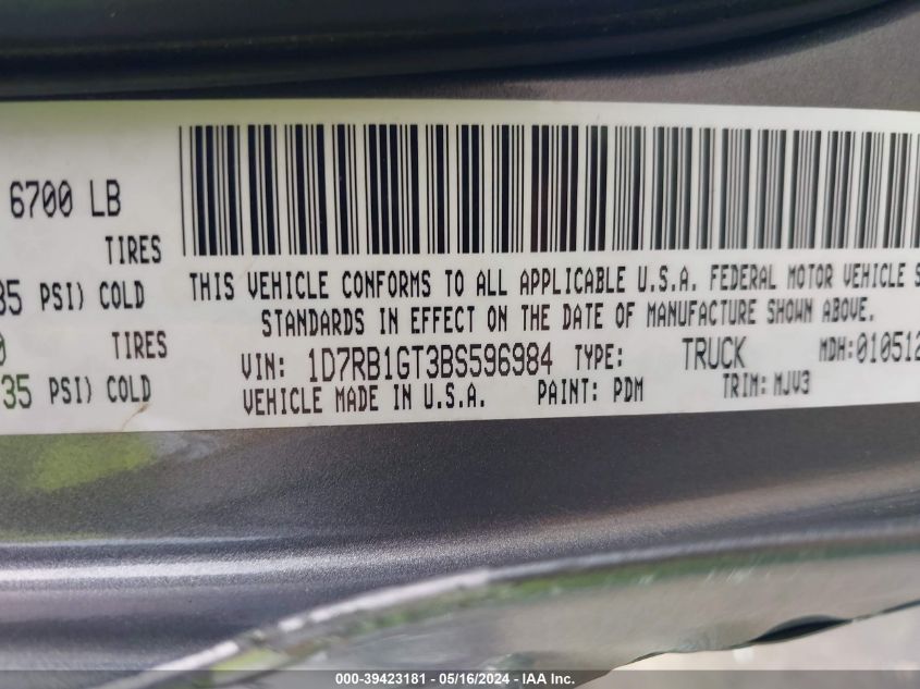 2011 Ram Ram 1500 Slt VIN: 1D7RB1GT3BS596984 Lot: 39423181
