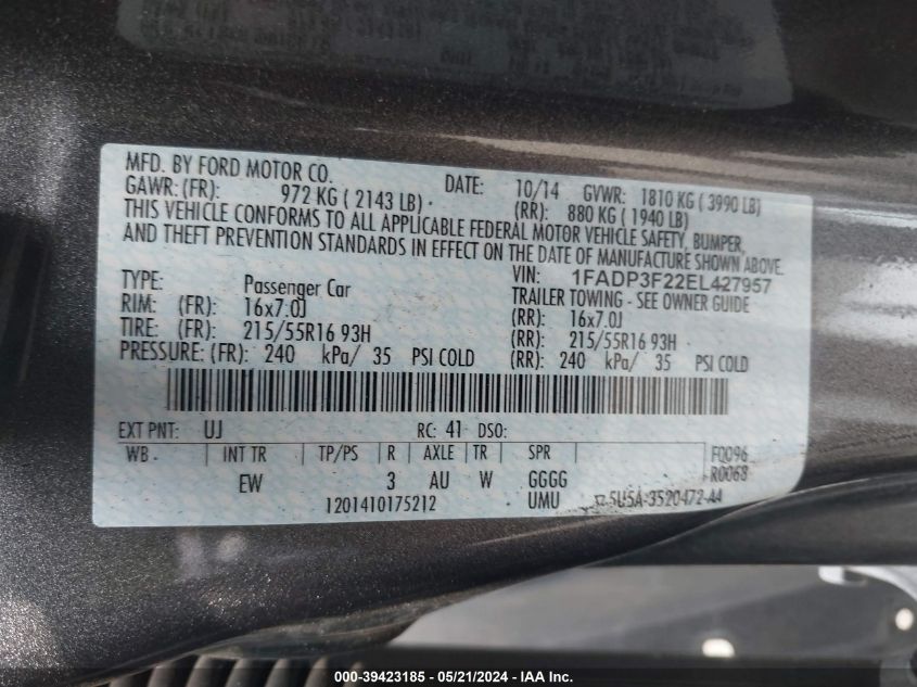 2014 Ford Focus Se VIN: 1FADP3F22EL427957 Lot: 39423185