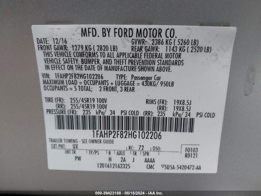 1FAHP2F82HG102206 2017 Ford Taurus Limited