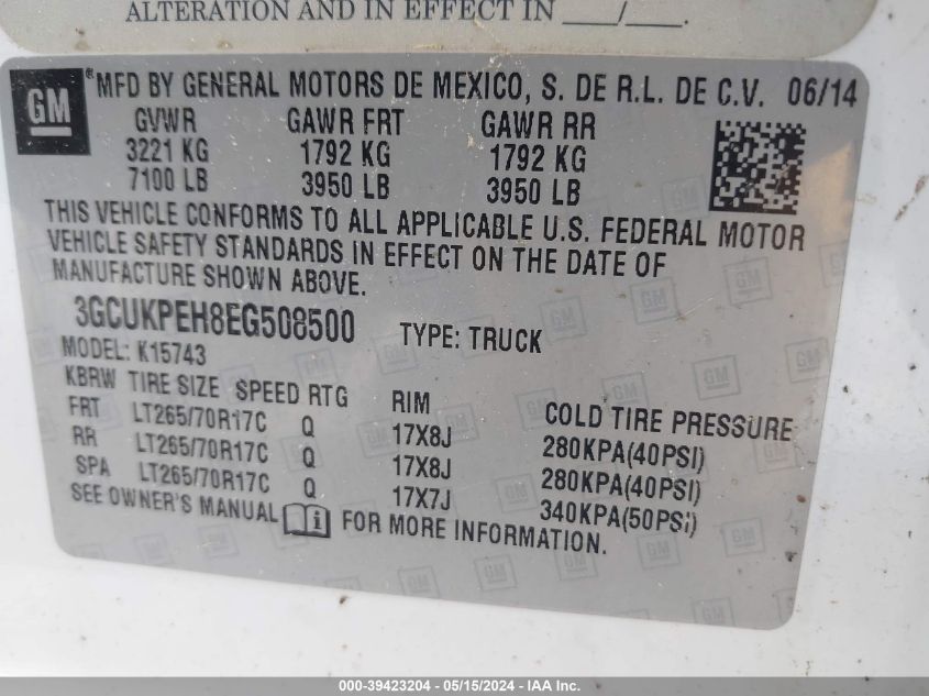 3GCUKPEH8EG508500 | 2014 CHEVROLET SILVERADO 1500