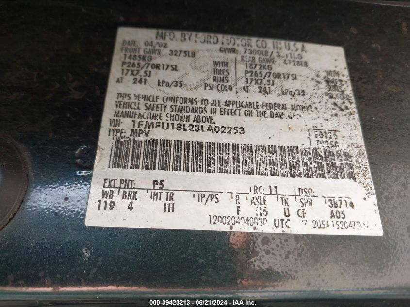 2003 Ford Expedition Eddie Bauer VIN: 1FMFU18L23LA02253 Lot: 39423213