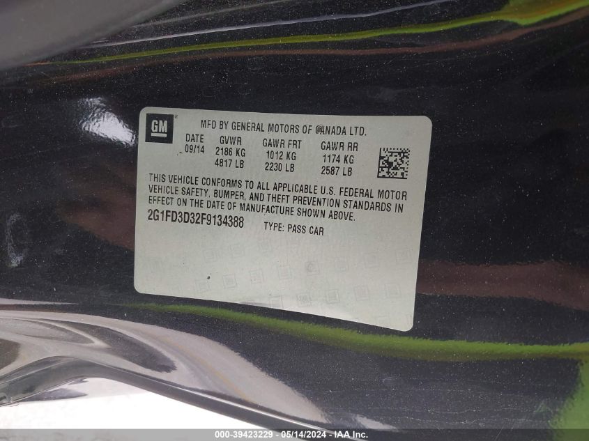 2015 Chevrolet Camaro 1Lt VIN: 2G1FD3D32F9134388 Lot: 39423229