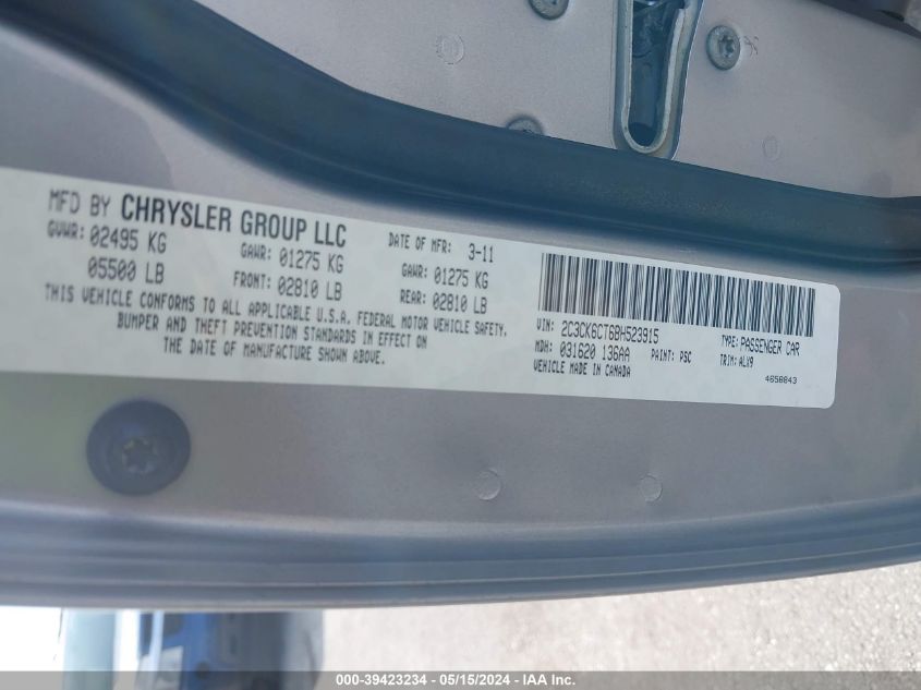 2011 Chrysler 300C Awd VIN: 2C3CK6CT6BH523915 Lot: 39423234
