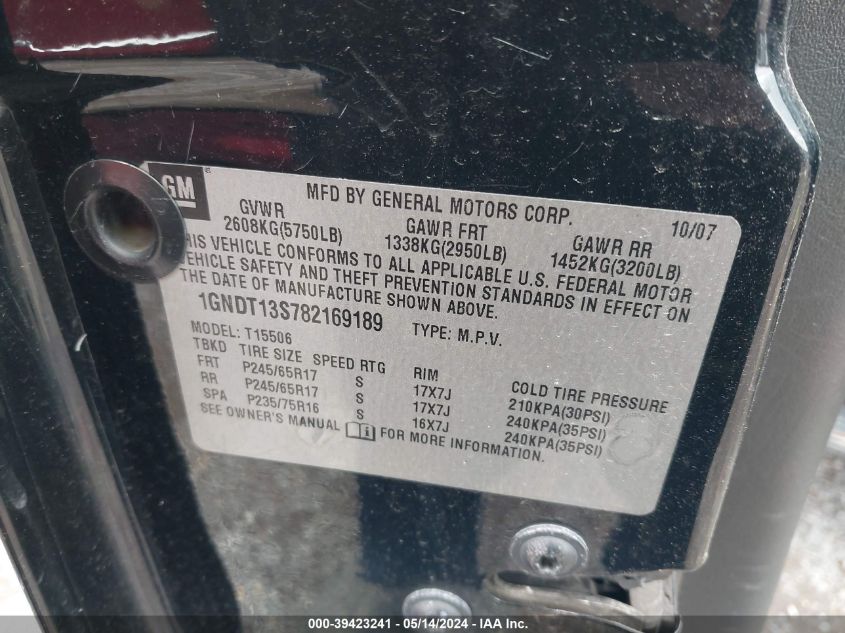 2008 Chevrolet Trailblazer Lt VIN: 1GNDT13S782169189 Lot: 39423241
