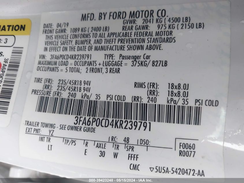 3FA6P0CD4KR239791 2019 Ford Fusion Sel