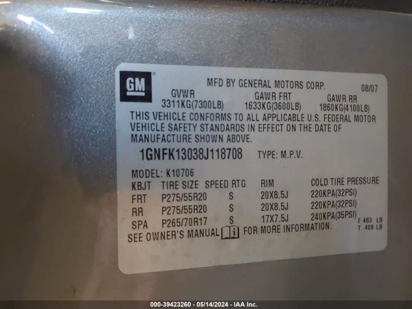 2008 Chevrolet Tahoe Ltz VIN: 1GNFK13038J118708 Lot: 39423260