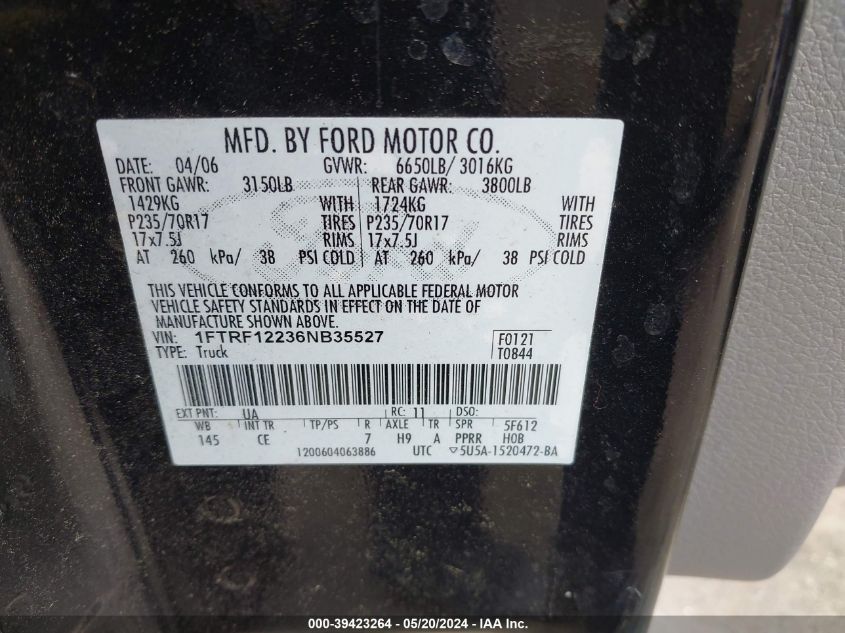 2006 Ford F-150 Stx/Xl/Xlt VIN: 1FTRF12236NB35527 Lot: 39423264