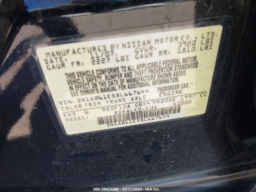 2008 Nissan Sentra 2.0 VIN: 3N1AB61E58L667644 Lot: 39423265