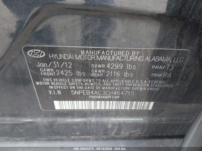 2012 Hyundai Sonata Gls VIN: 5NPEB4AC3CH464715 Lot: 39423274