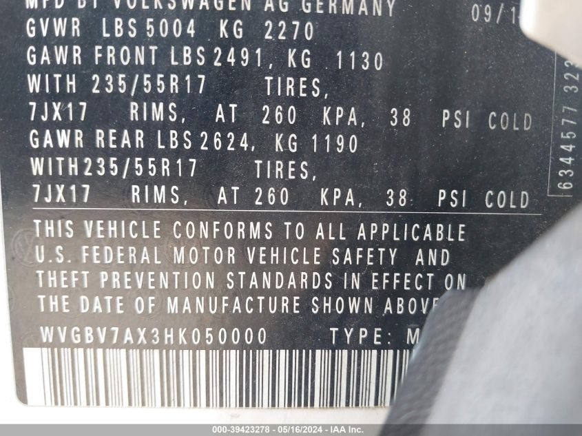 2017 Volkswagen Tiguan 2.0T/2.0T S VIN: WVGBV7AX3HK050000 Lot: 39423278