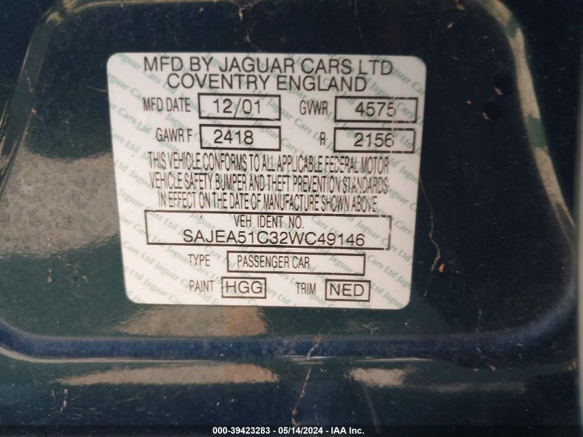 2002 Jaguar X-Type 3.0L VIN: SAJEA51C32WC49146 Lot: 39423283