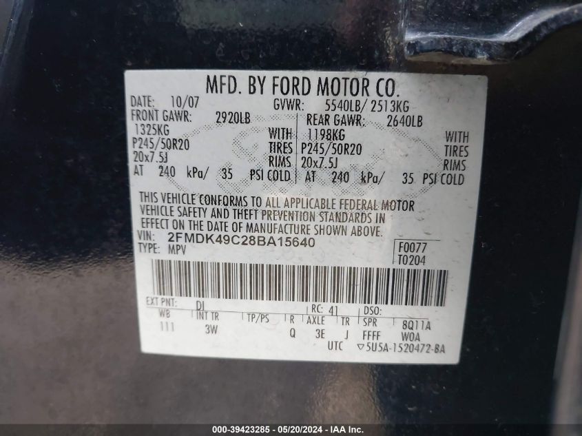 2008 Ford Edge Limited VIN: 2FMDK49C28BA15640 Lot: 39423285