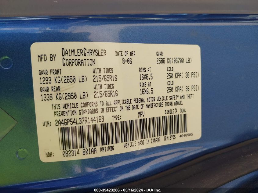 2007 Chrysler Town & Country Touring VIN: 2A4GP54L37R144163 Lot: 39423286