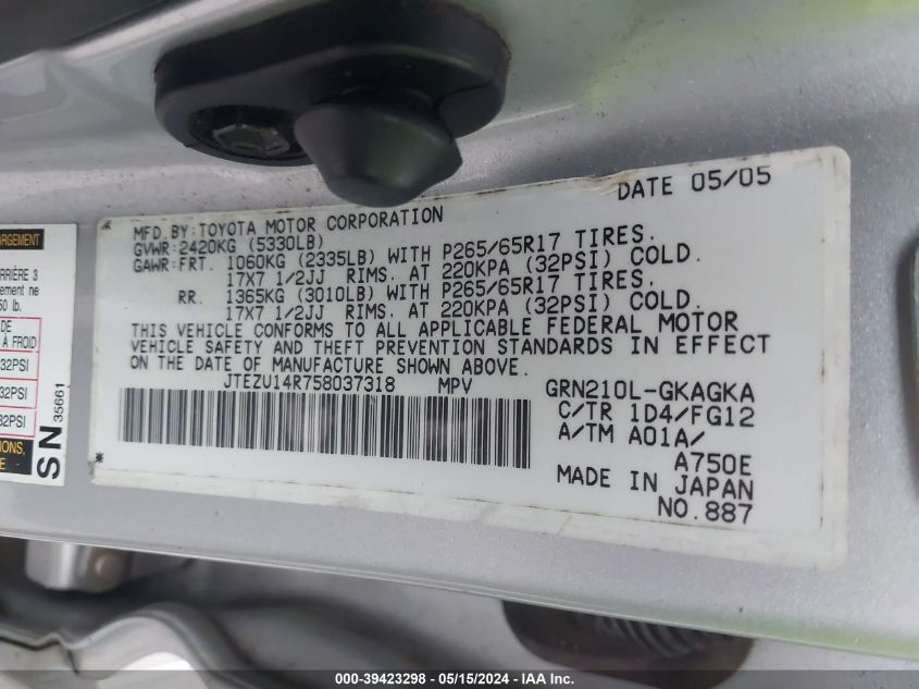 2005 Toyota 4Runner Sr5 V6 VIN: JTEZU14R758037318 Lot: 39423298