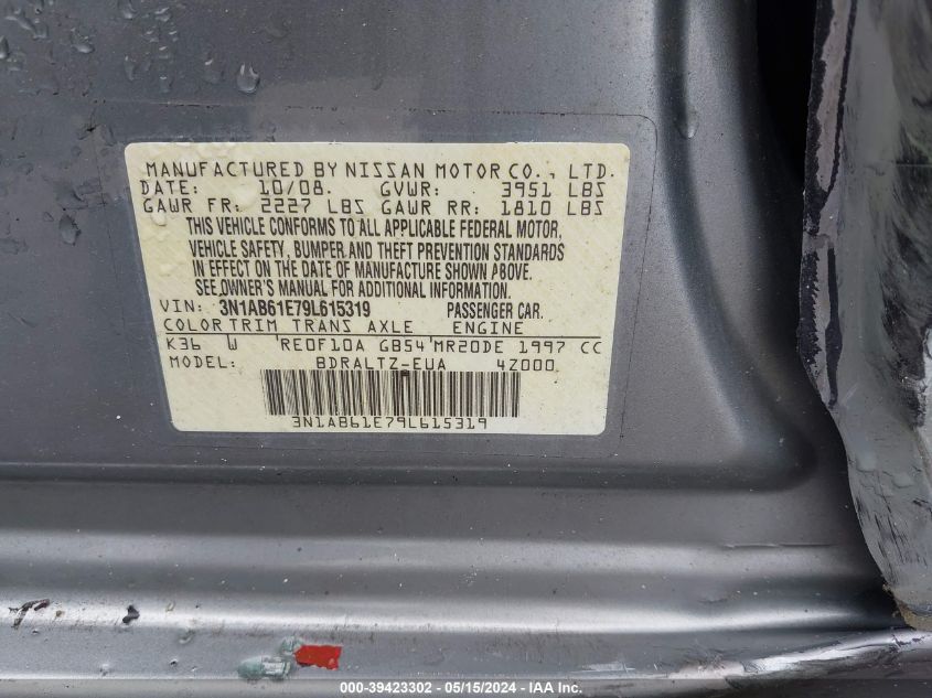 2009 Nissan Sentra 2.0S VIN: 3N1AB61E79L615319 Lot: 39423302