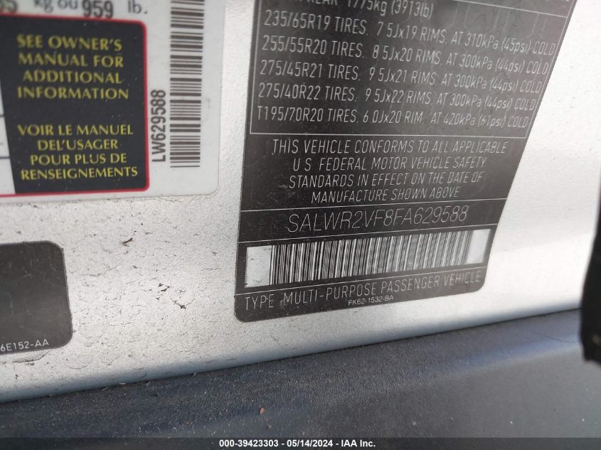 2015 Land Rover Range Rover Sport 3.0L V6 Supercharged Hse VIN: SALWR2VF8FA629588 Lot: 39423303