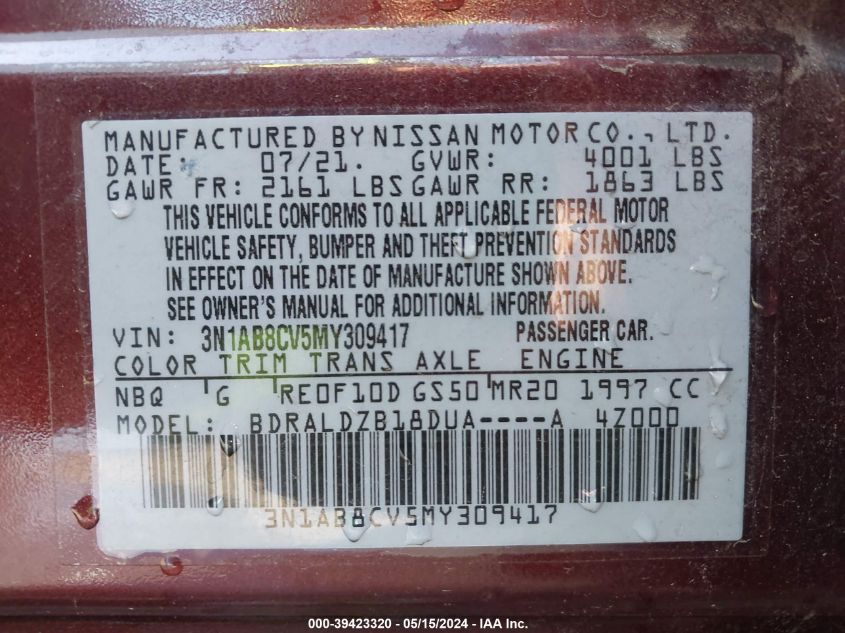 2021 Nissan Sentra Sv Xtronic Cvt VIN: 3N1AB8CV5MY309417 Lot: 39423320