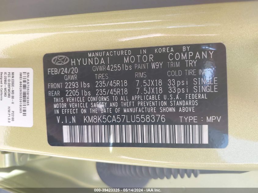 2020 Hyundai Kona Ultimate VIN: KM8K5CA57LU558376 Lot: 39423325