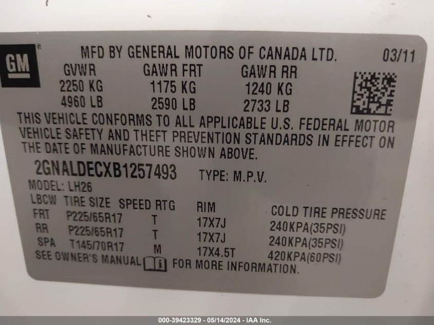 2011 Chevrolet Equinox 1Lt VIN: 2GNALDECXB1257493 Lot: 39423329