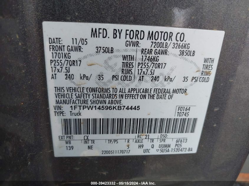 2006 Ford F-150 Fx4/Lariat/Xlt VIN: 1FTPW14596KB74445 Lot: 39423332